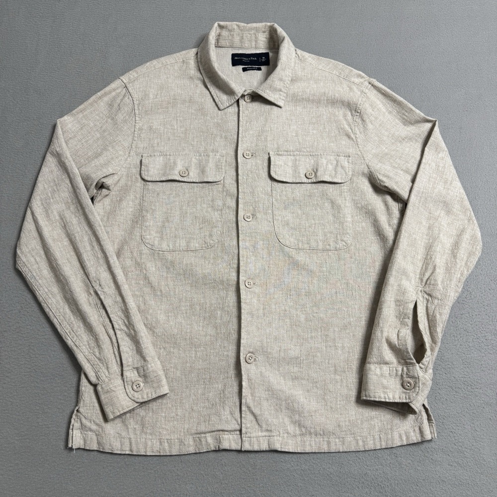 Abercrombie Shirt Mens Medium Beige Linen Blend Relaxed Button Up Casual
